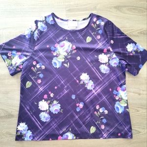 Vintage boxy 80s floral purple poly blend shirt